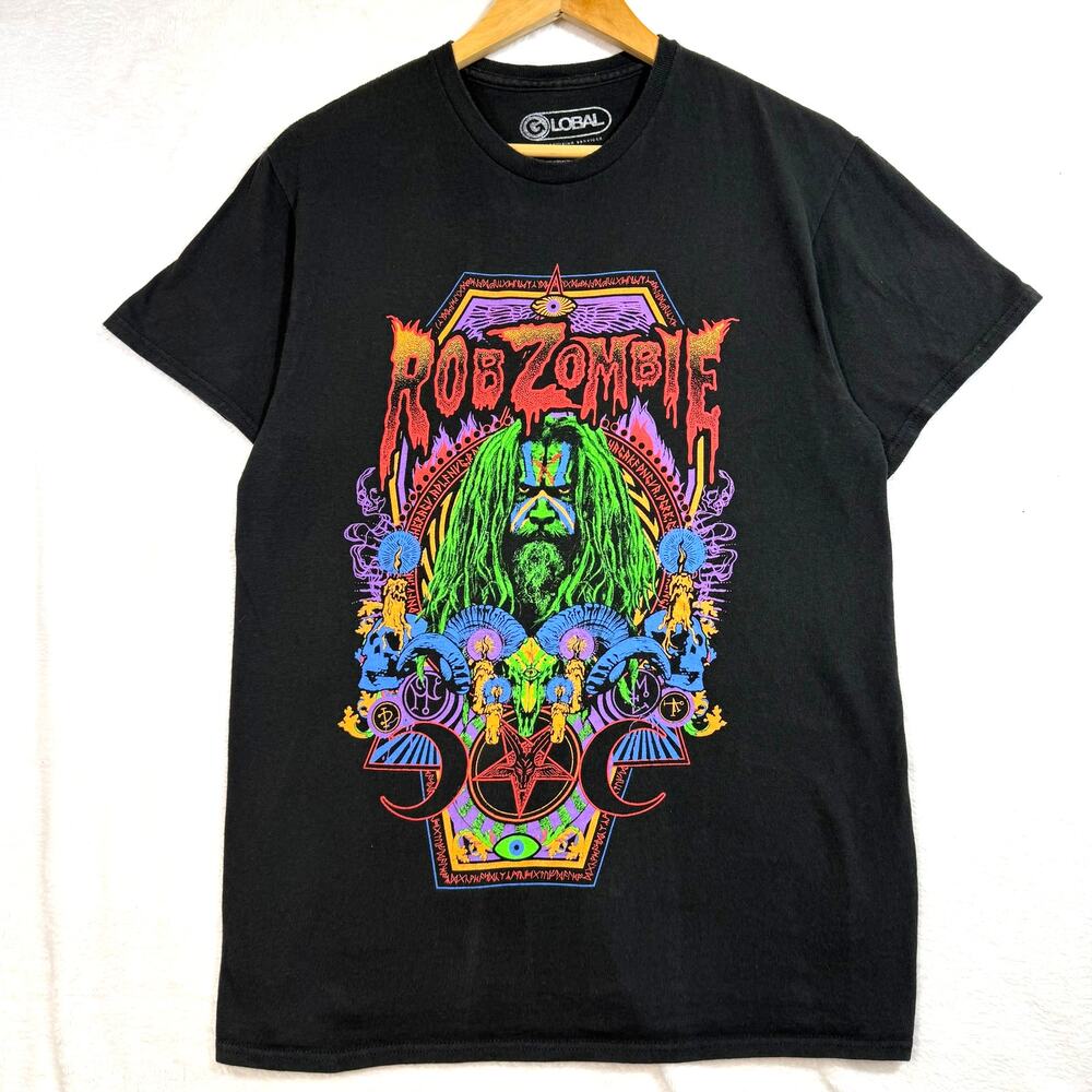 Global M Rob Zombie Graphic Band Tee Black Neon Psychedelic Horrorcore Alt Metal